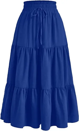 Rvidbe Women's Summer Casual Maxi Skirt Pleated A-Line Flowy Ruffle Tiered Elastic High Waist Vacation Beach Long Skirts