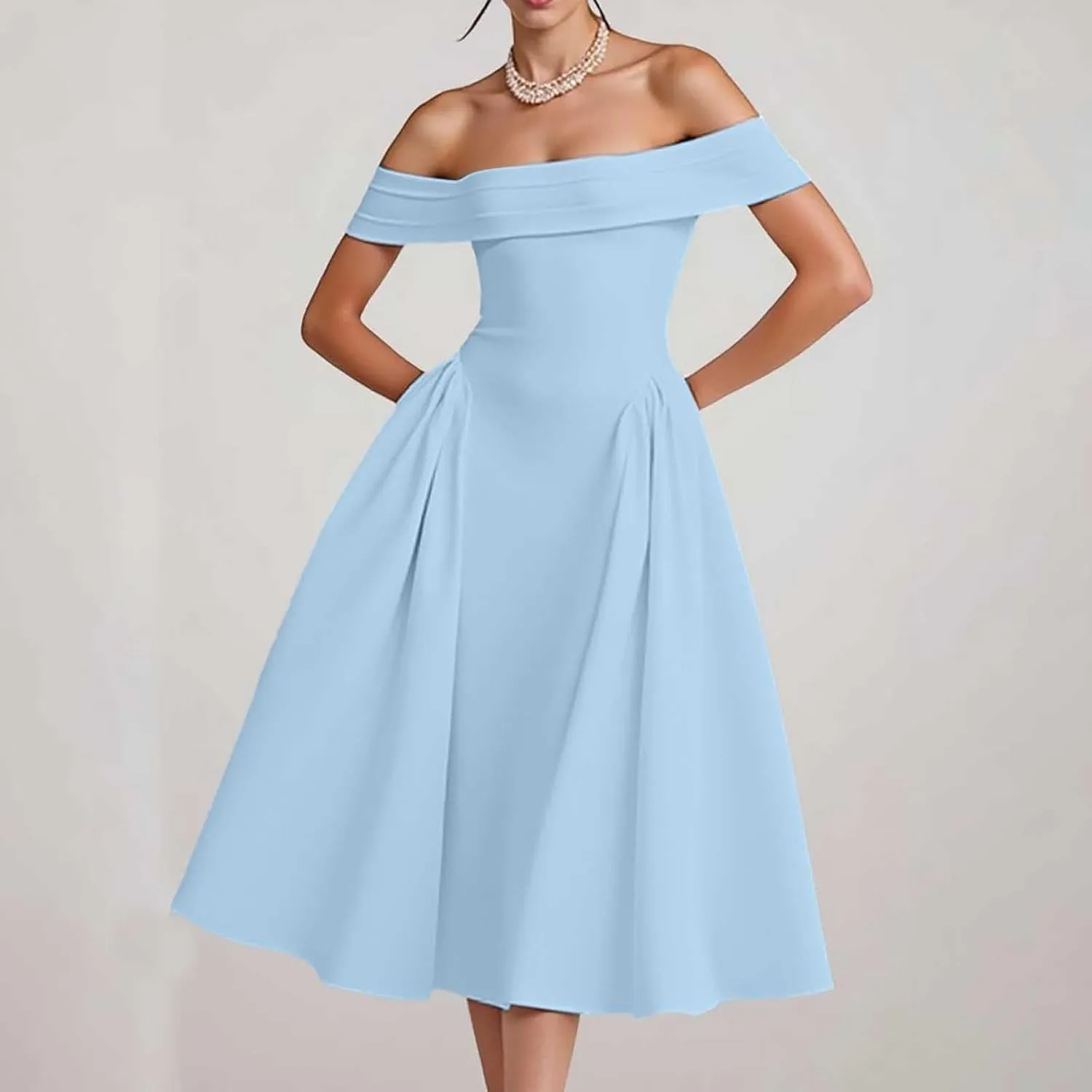 Satin Off The Shoulder Formal Midi Dress for Women A Line Ruched Tea Length Prom Party Womens Midi Casual Dresses