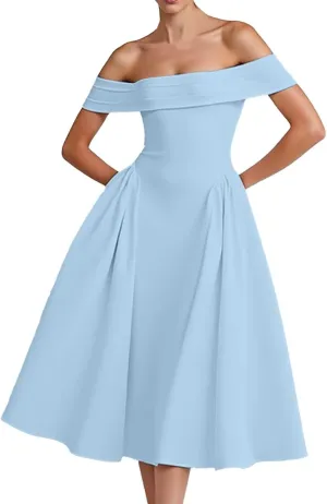 Satin Off The Shoulder Formal Midi Dress for Women A Line Ruched Tea Length Prom Party Womens Midi Casual Dresses