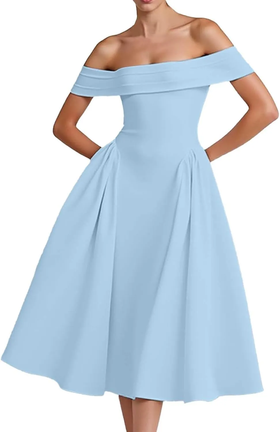 Satin Off The Shoulder Formal Midi Dress for Women A Line Ruched Tea Length Prom Party Womens Midi Casual Dresses