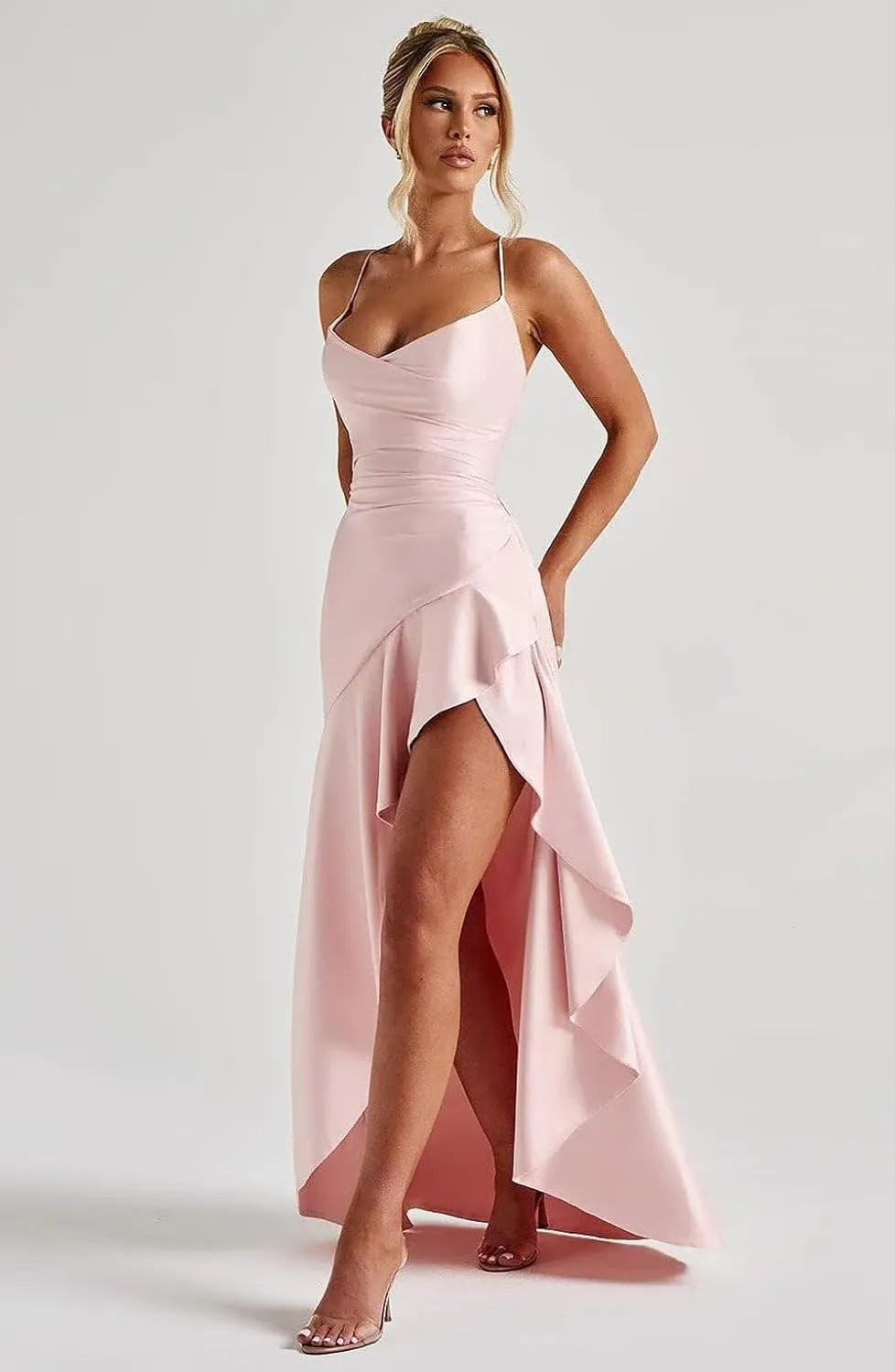 Satin Prom Dresses Spaghetti Straps Mermaid Ruffles Formal Evening Dresses with Slit