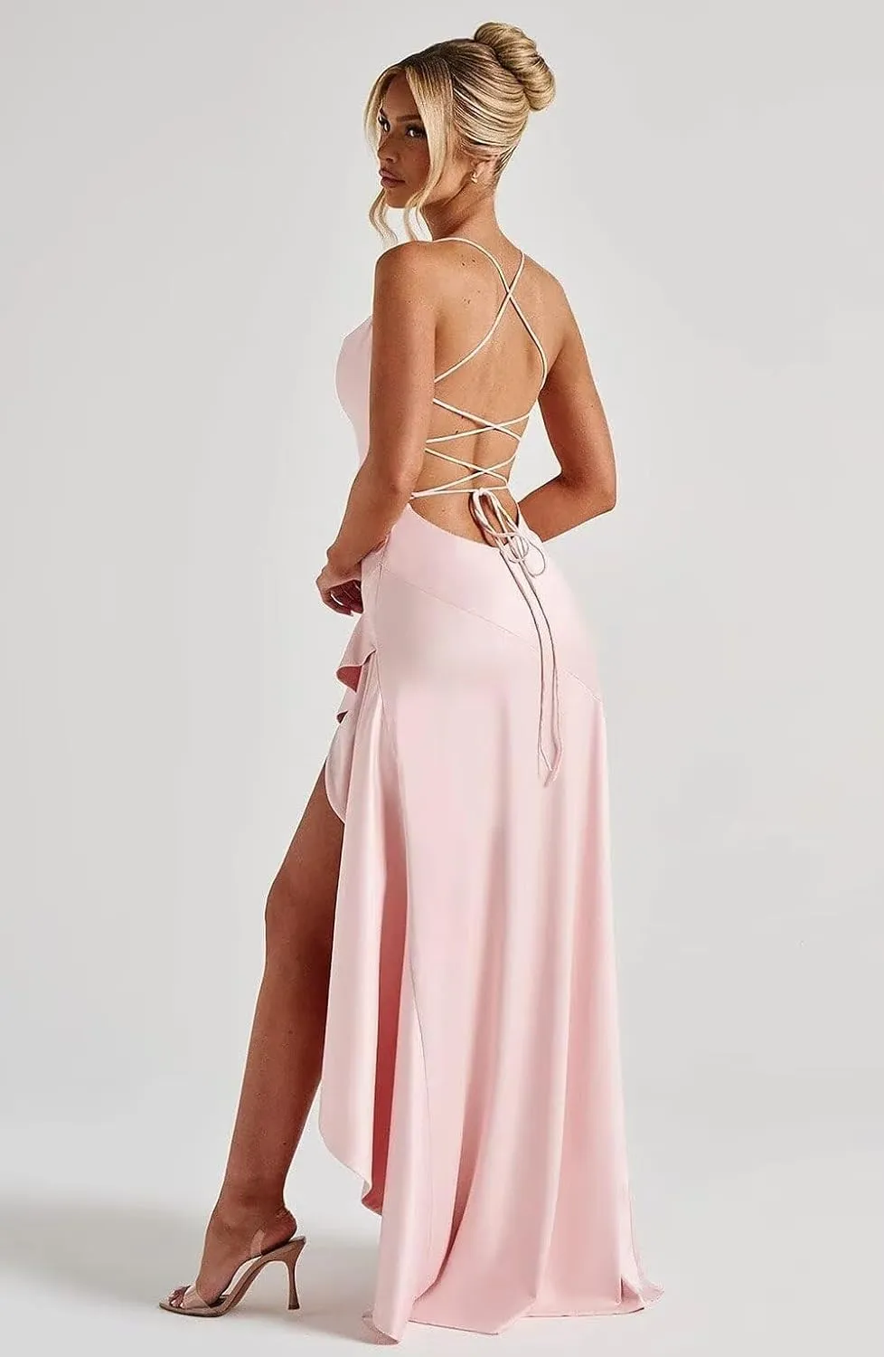 Satin Prom Dresses Spaghetti Straps Mermaid Ruffles Formal Evening Dresses with Slit
