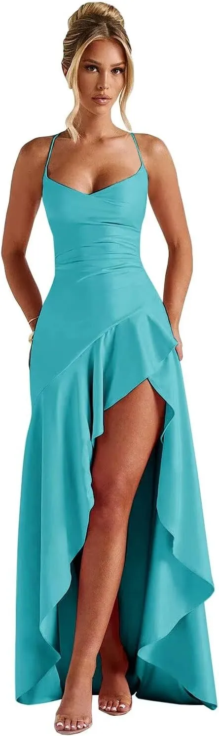 Satin Prom Dresses Spaghetti Straps Mermaid Ruffles Formal Evening Dresses with Slit