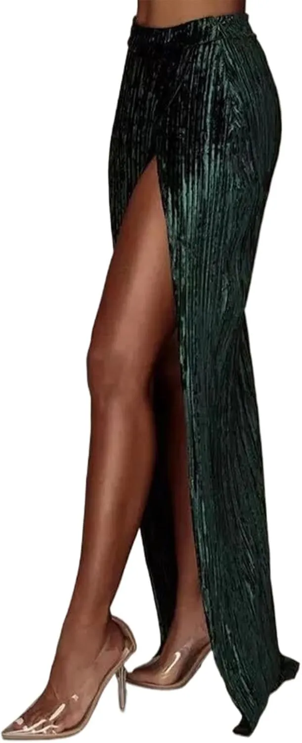 Sequin Midi Skirt for Women 2024 Elegant Sparkle Side Slit Pencil Skirts Cocktail Party Pencil High Waist Skirt
