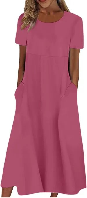 SGASY Summer Dresses 2024 Women Floral Pleated Midi Dress Short Sleeve Crew Neck Loose Fit Sundress Casual Tunic Dress