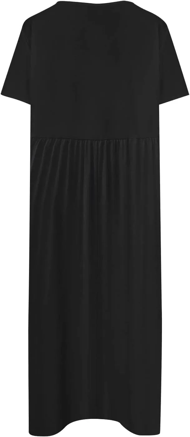 SGASY Summer Dresses 2024 Women Floral Pleated Midi Dress Short Sleeve Crew Neck Loose Fit Sundress Casual Tunic Dress