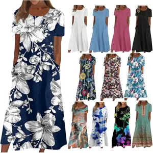SGASY Summer Dresses 2024 Women Floral Pleated Midi Dress Short Sleeve Crew Neck Loose Fit Sundress Casual Tunic Dress