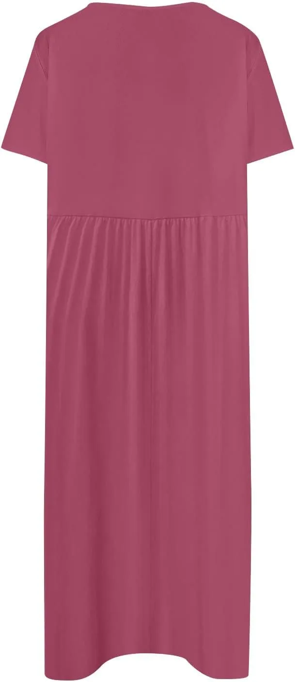 SGASY Summer Dresses 2024 Women Floral Pleated Midi Dress Short Sleeve Crew Neck Loose Fit Sundress Casual Tunic Dress