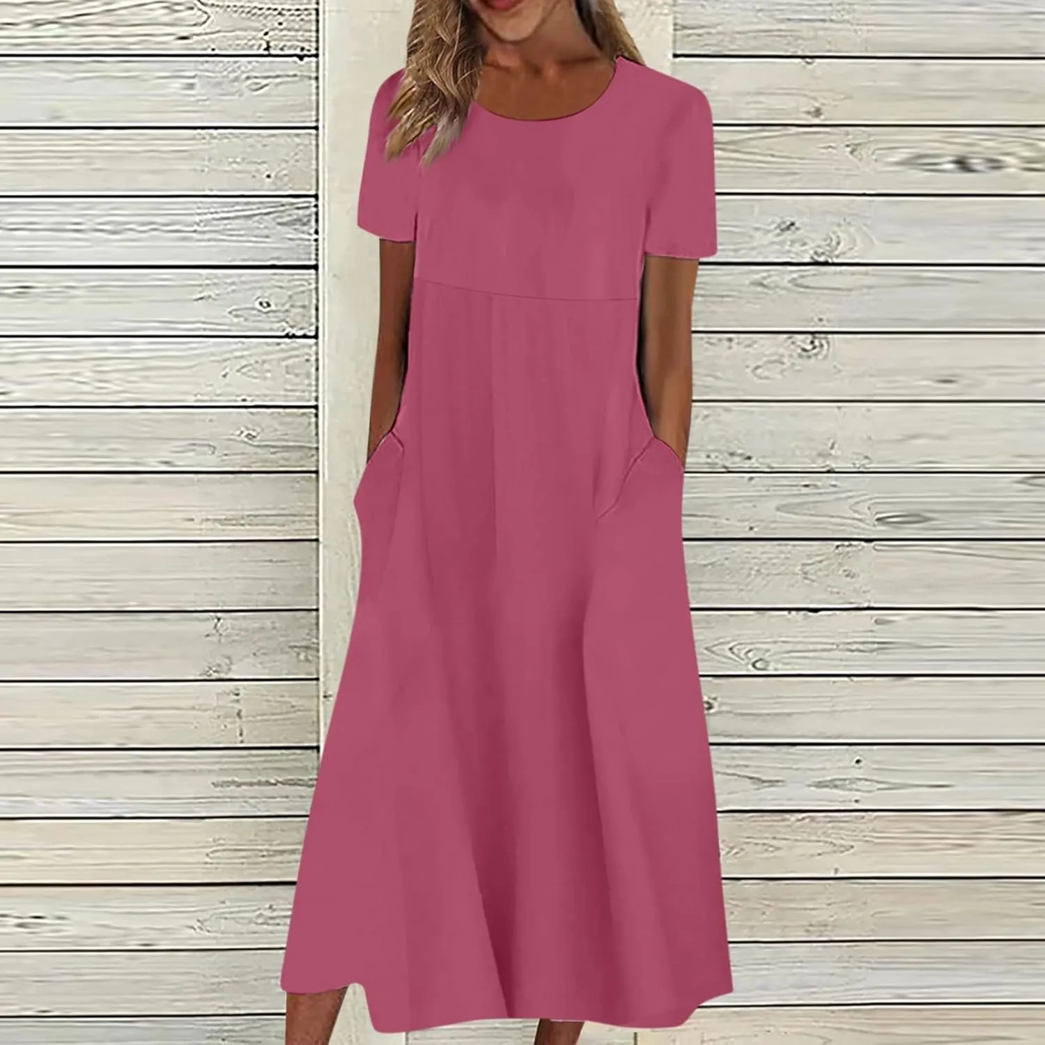 SGASY Summer Dresses 2024 Women Floral Pleated Midi Dress Short Sleeve Crew Neck Loose Fit Sundress Casual Tunic Dress