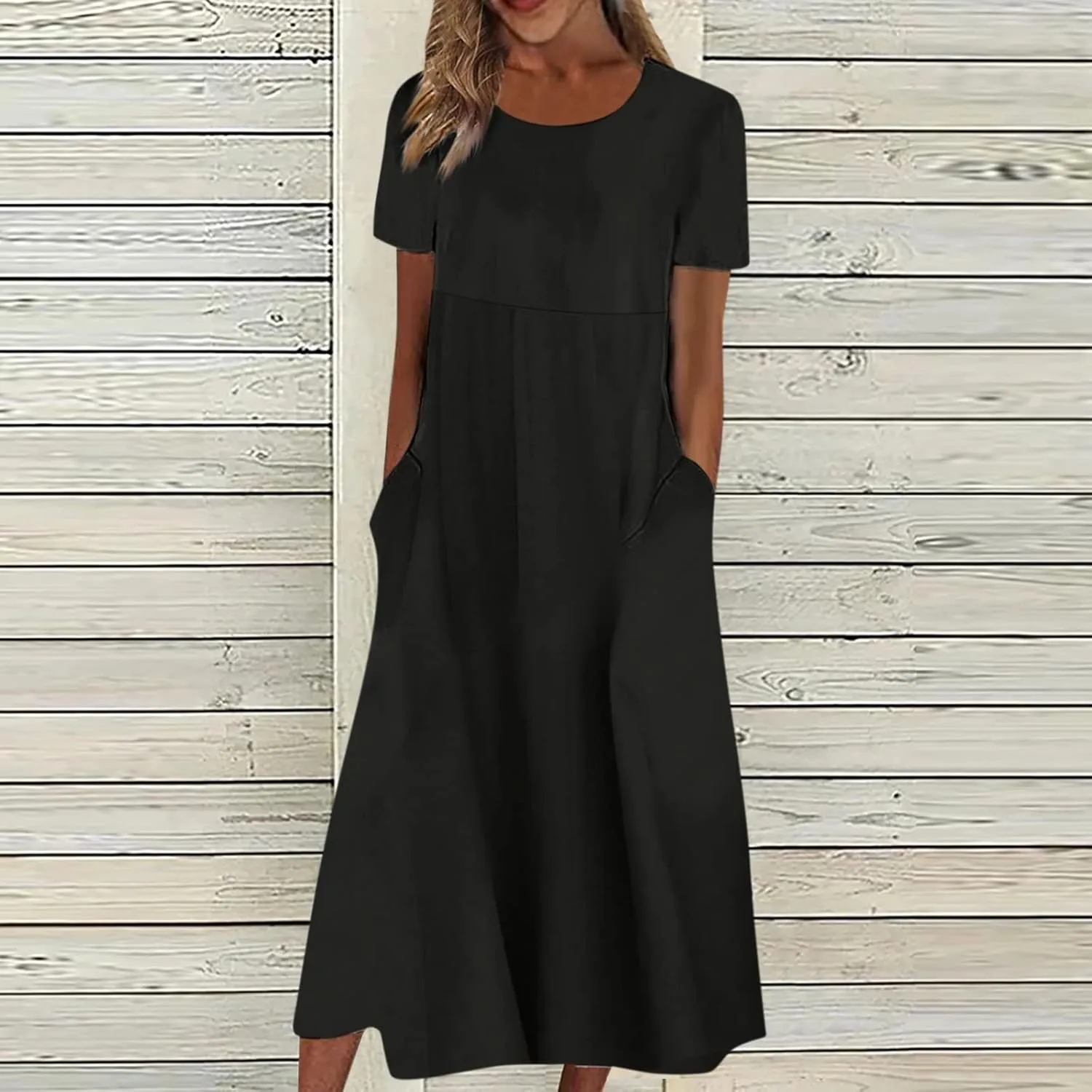 SGASY Summer Dresses 2024 Women Floral Pleated Midi Dress Short Sleeve Crew Neck Loose Fit Sundress Casual Tunic Dress