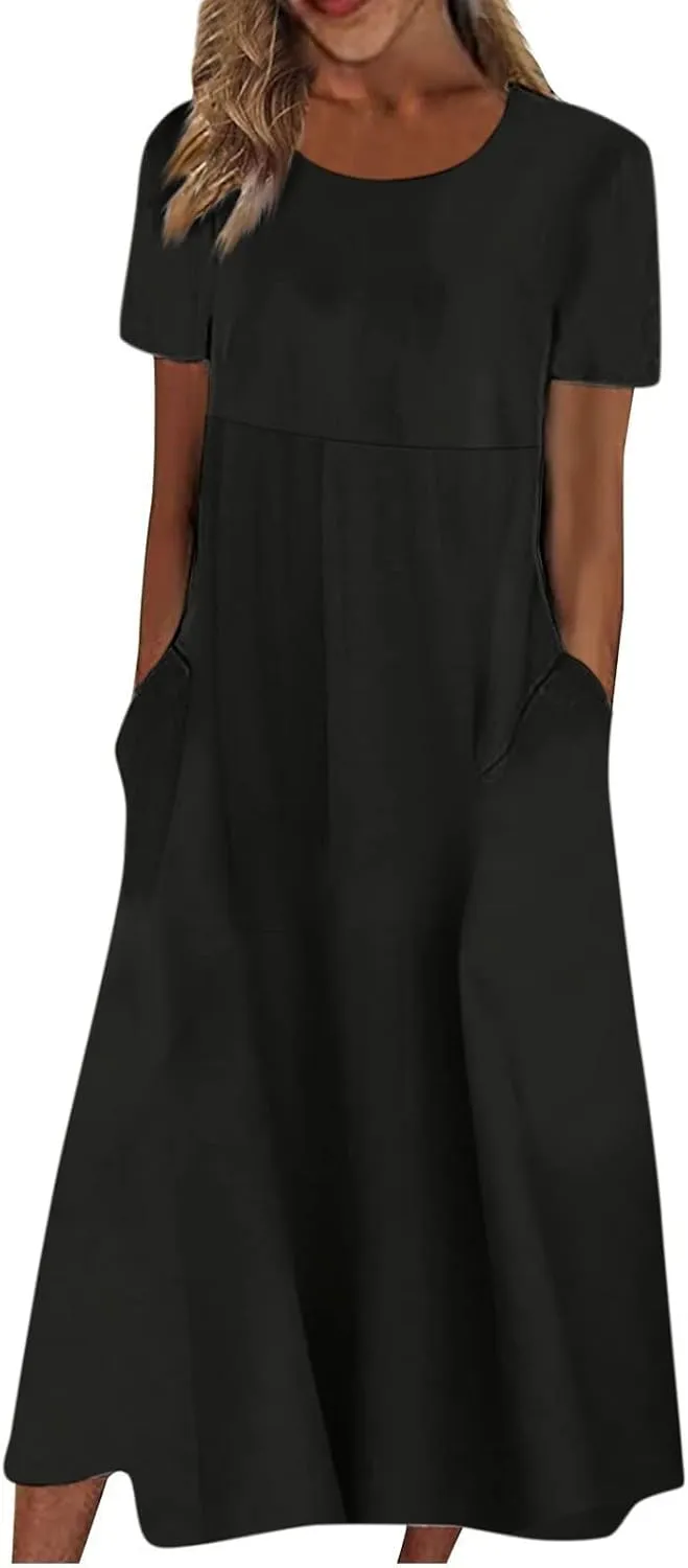 SGASY Summer Dresses 2024 Women Floral Pleated Midi Dress Short Sleeve Crew Neck Loose Fit Sundress Casual Tunic Dress