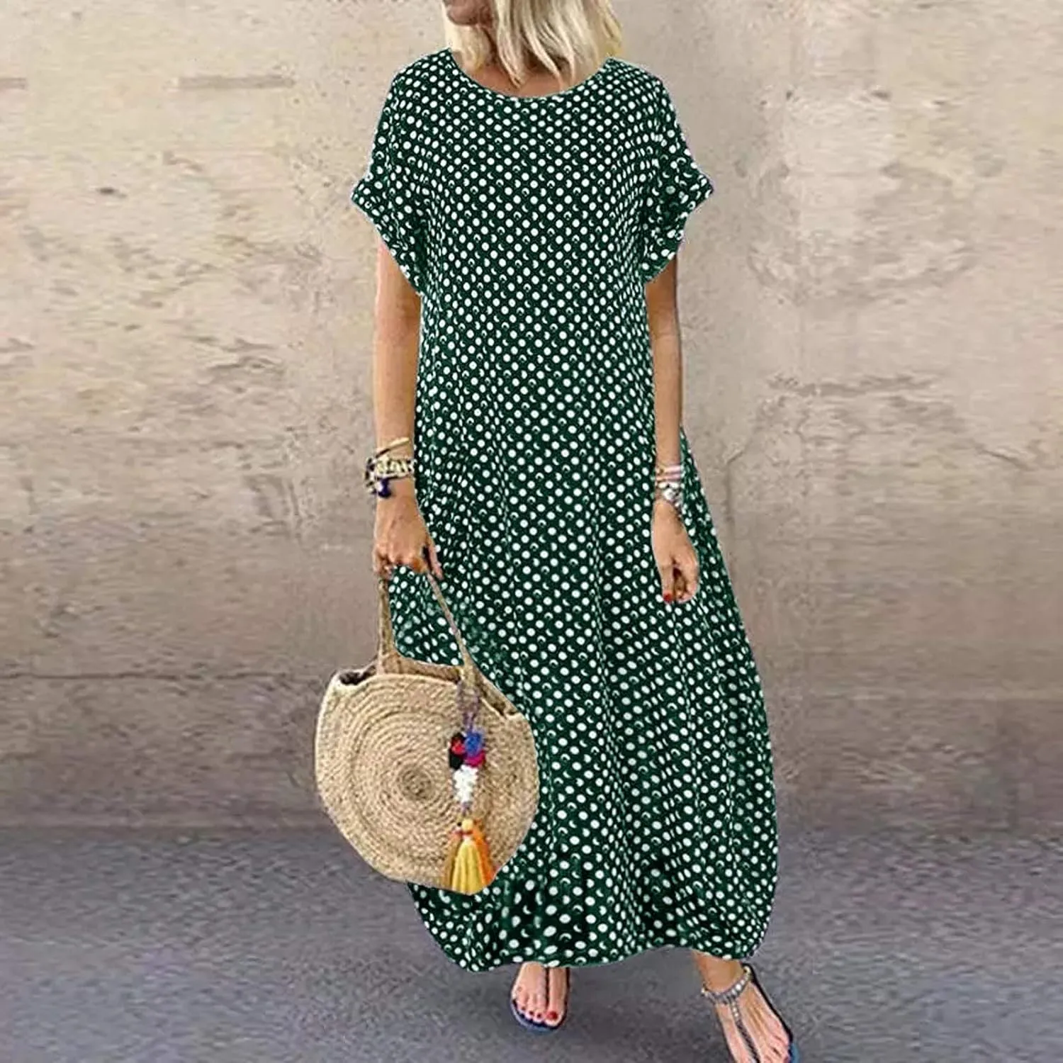 SHAOBGE Cocktail Dress for Women Trendy 2024 Round Casual Polka Neck Sleeve Print Maxi Women Short Dress Summer