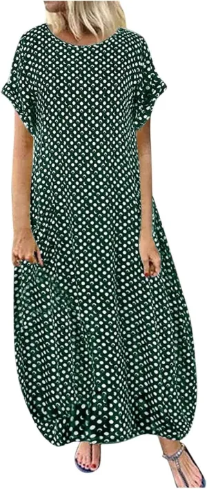 SHAOBGE Cocktail Dress for Women Trendy 2024 Round Casual Polka Neck Sleeve Print Maxi Women Short Dress Summer
