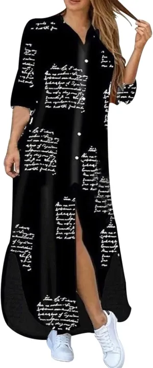 Shift Dress for Women V Neck Short Sleeves Solid Color Casual Flowy Summer Dresses Long Sleeve Button Down Loose Shirt Dress