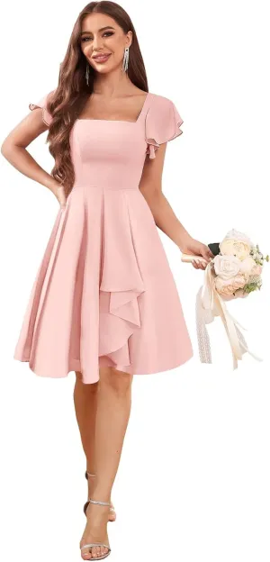 Short Bridesmaid Dresses with Sleeves Chiffon Formal Evening Dress Ruffle Ruched Cocktail Praty Dress MA121