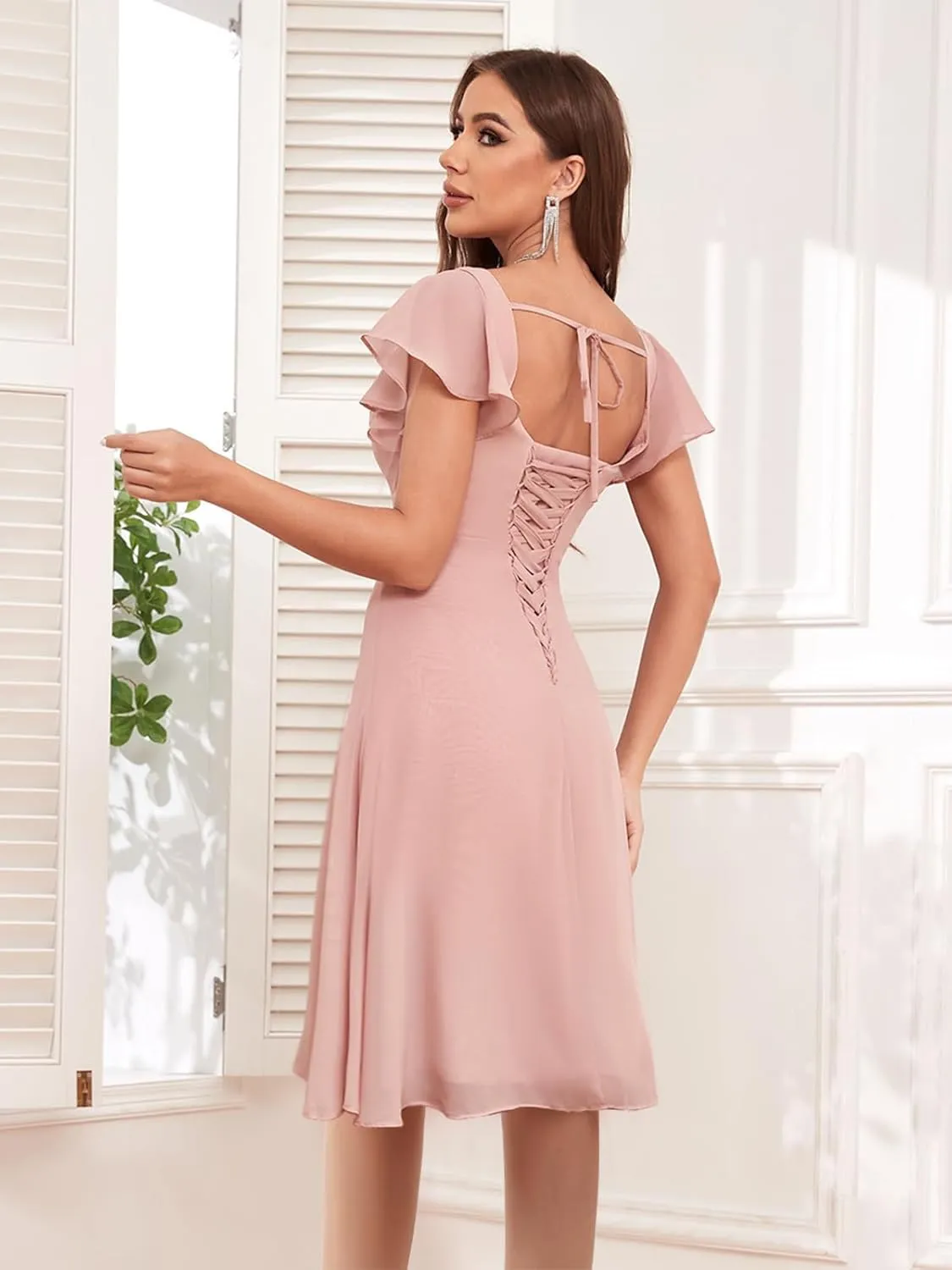 Short Bridesmaid Dresses with Sleeves Chiffon Formal Evening Dress Ruffle Ruched Cocktail Praty Dress MA121