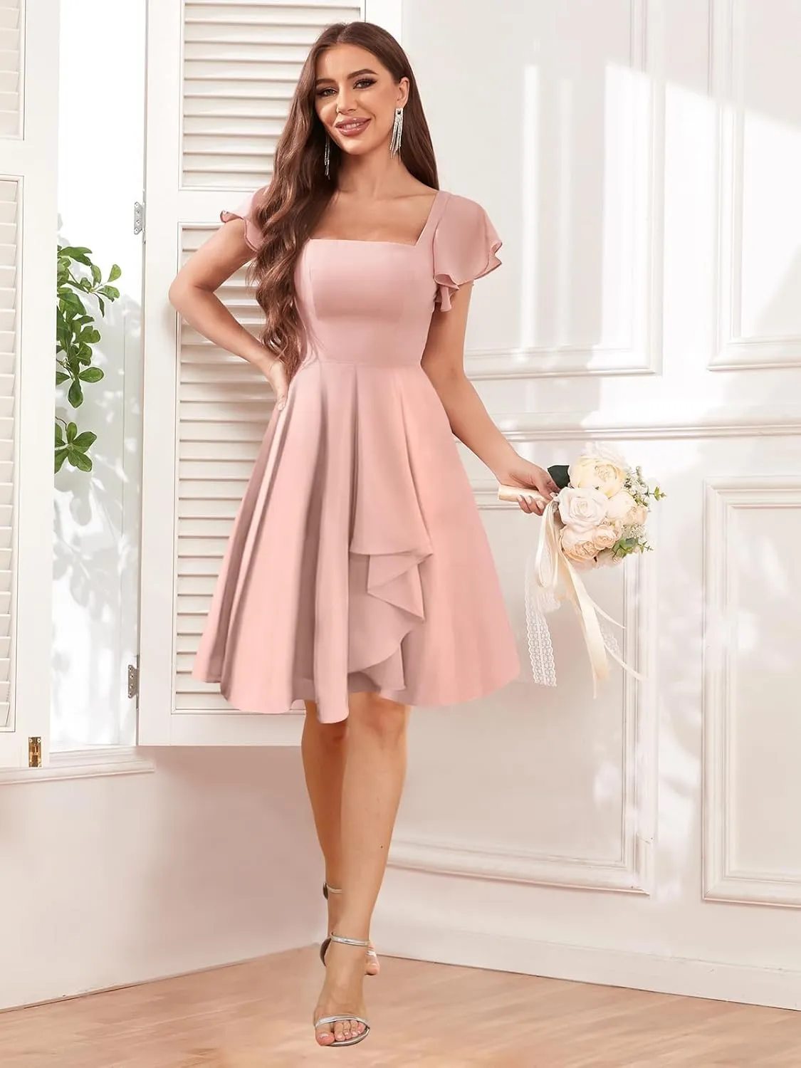 Short Bridesmaid Dresses with Sleeves Chiffon Formal Evening Dress Ruffle Ruched Cocktail Praty Dress MA121