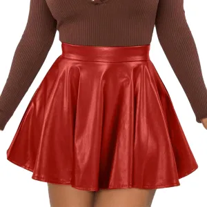 Short Pu Leather Skirts for Women Trendy Stretchy High Waisted Zipper Pleated A Line Casual Flowy Mini Skir