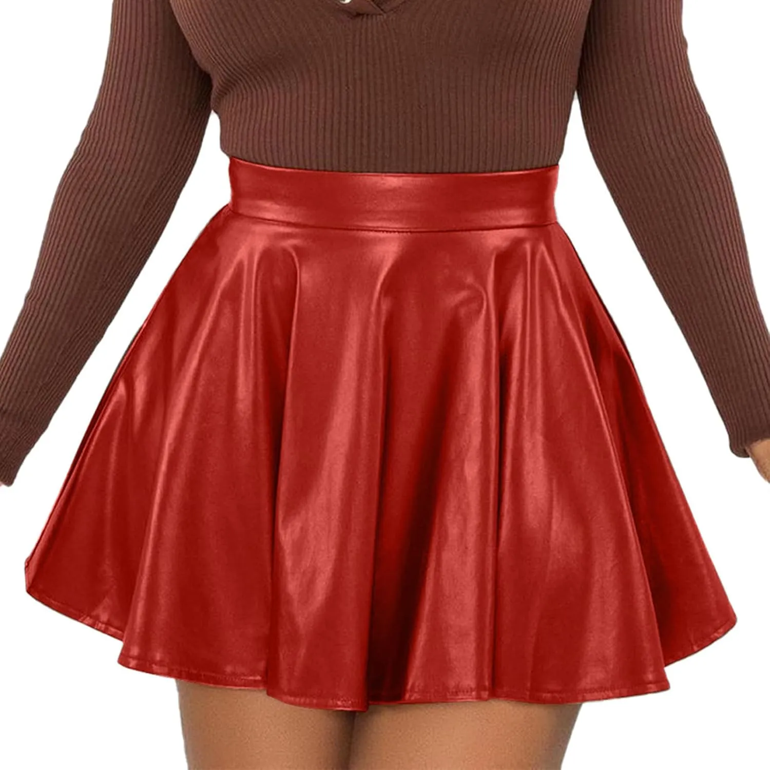 Short Pu Leather Skirts for Women Trendy Stretchy High Waisted Zipper Pleated A Line Casual Flowy Mini Skir