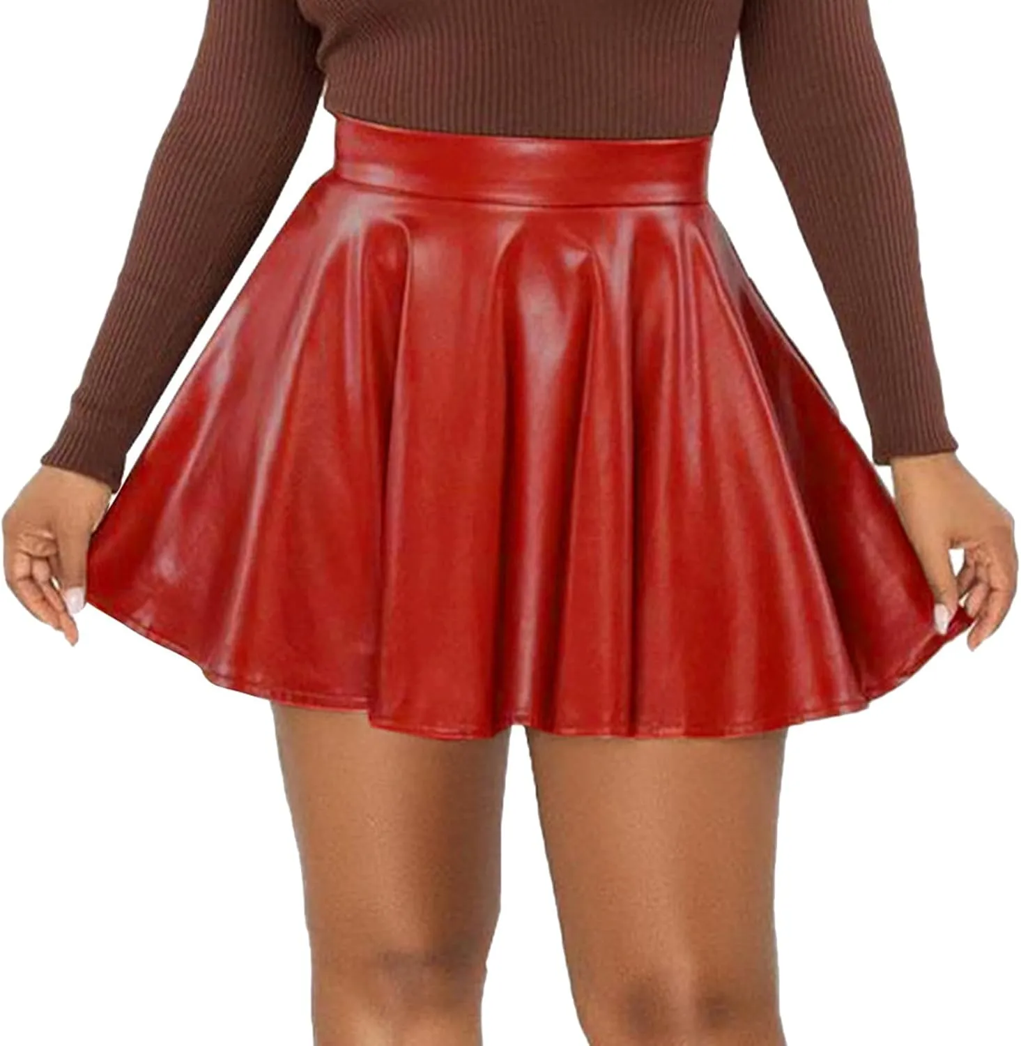 Short Pu Leather Skirts for Women Trendy Stretchy High Waisted Zipper Pleated A Line Casual Flowy Mini Skir