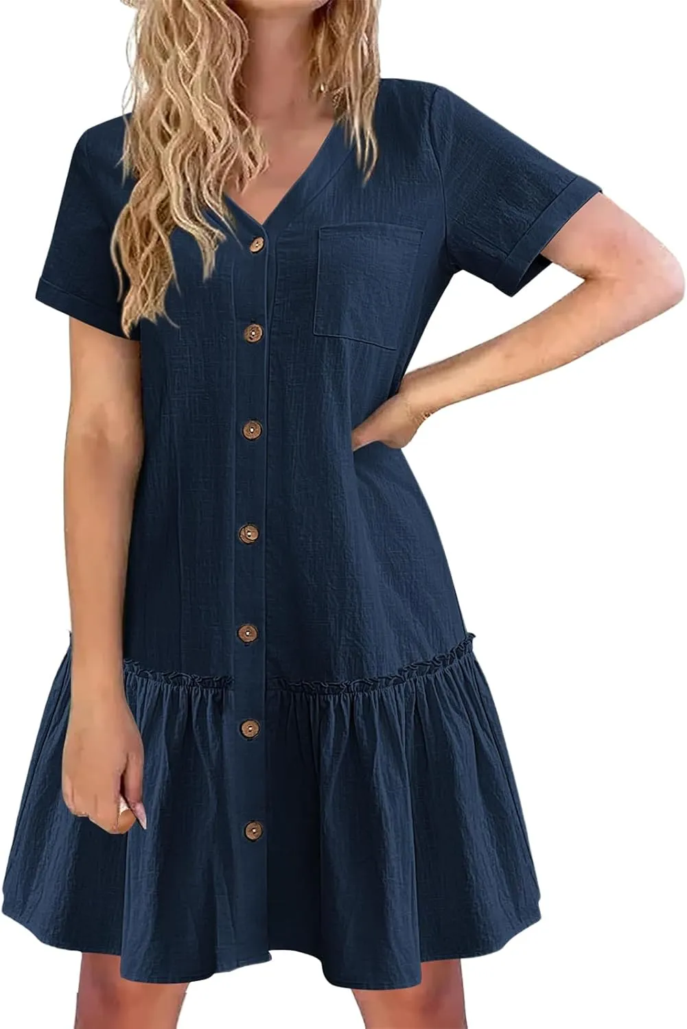 Short Sleeve Button Down Midi Dress for Women Summer V Neck A Line Beach Casual Dresses Mini T Shirt Ruffle Sundress