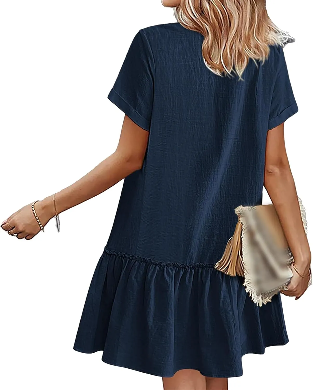 Short Sleeve Button Down Midi Dress for Women Summer V Neck A Line Beach Casual Dresses Mini T Shirt Ruffle Sundress