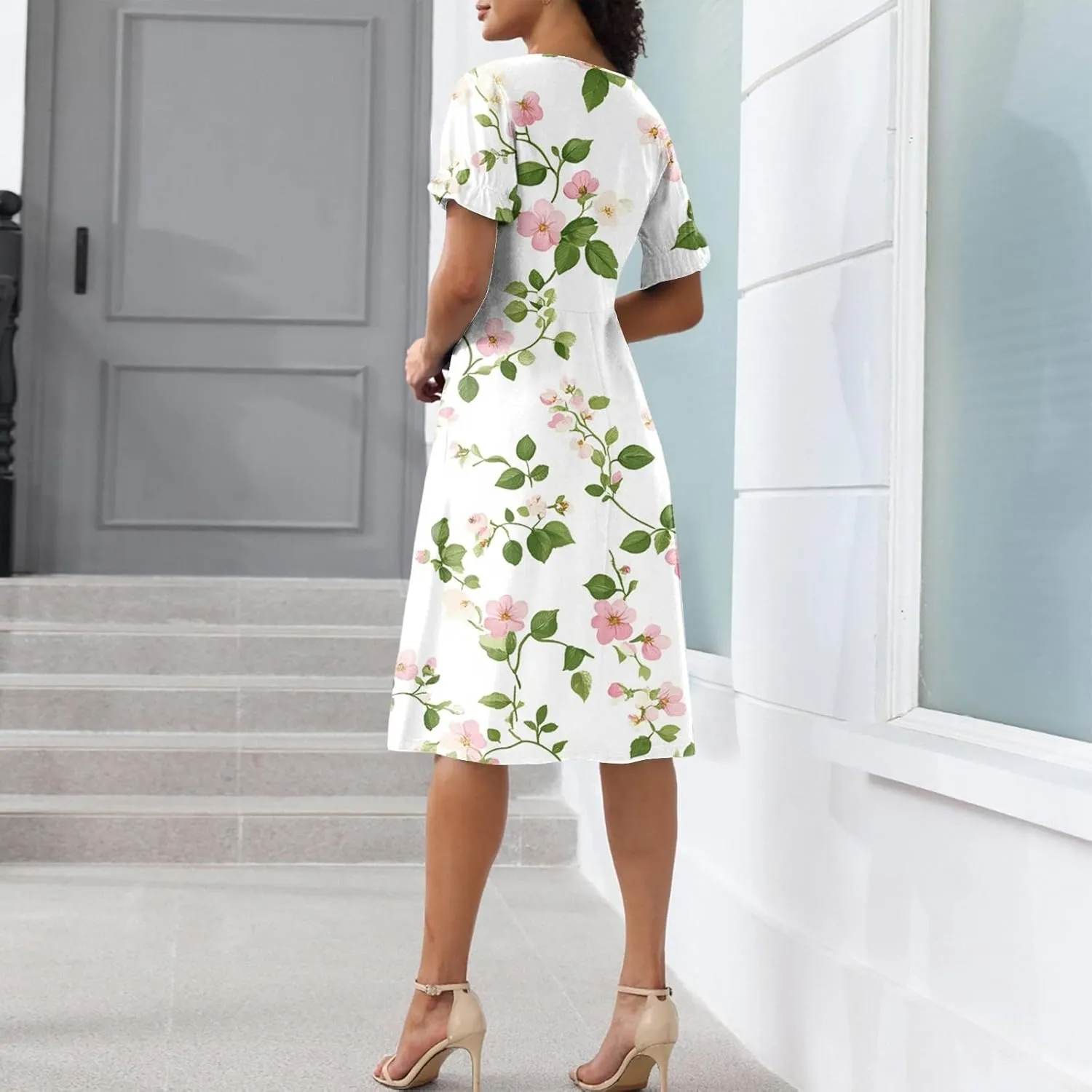 Short Sleeve Dress for Women V Neck Button Floral Midi Beach Dresses Dressy Casual Loose Fit Summer Vacation Dress