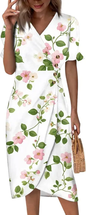 Short Sleeve Dress for Women V Neck Button Floral Midi Beach Dresses Dressy Casual Loose Fit Summer Vacation Dress
