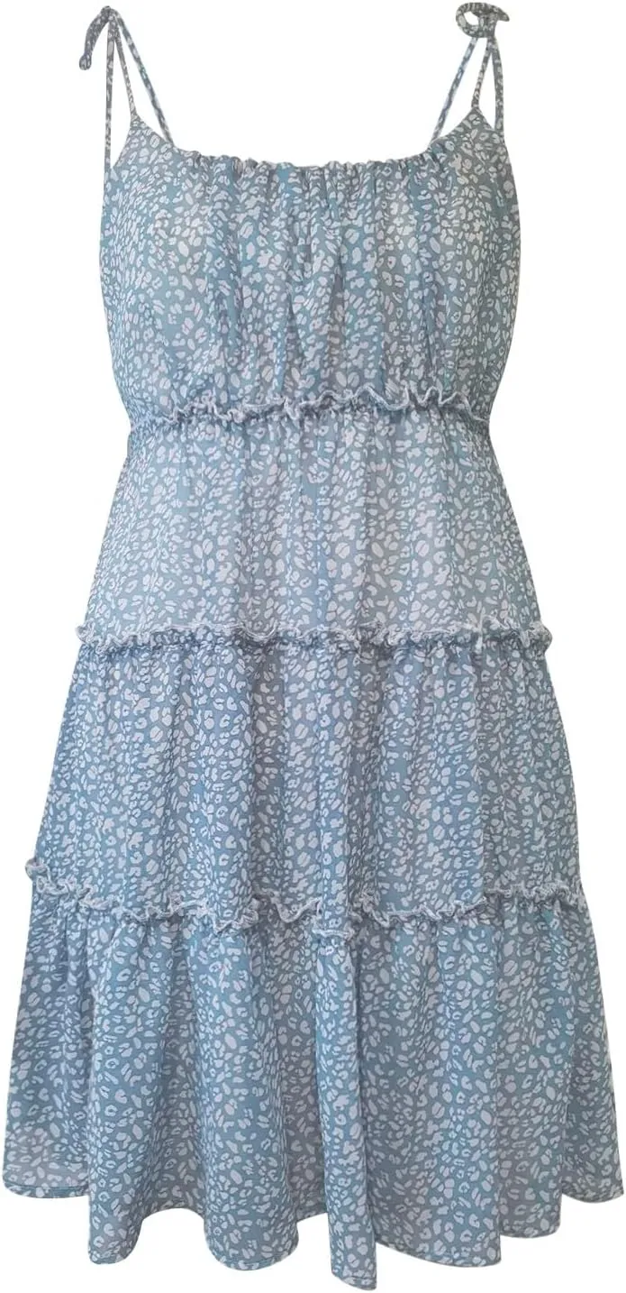 Short Sundresses for Women 2025 Backless Spaghetti Strap Ditsy Floral Dress Summer Tropical Beach Tiered Mini Dress