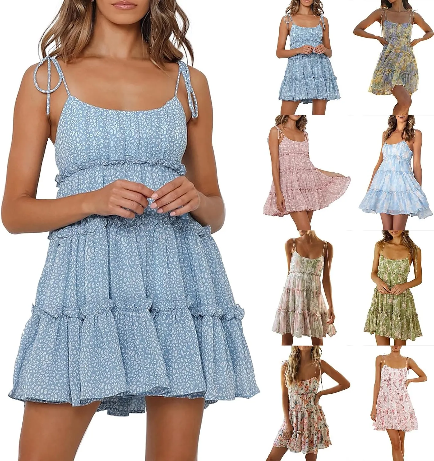 Short Sundresses for Women 2025 Backless Spaghetti Strap Ditsy Floral Dress Summer Tropical Beach Tiered Mini Dress
