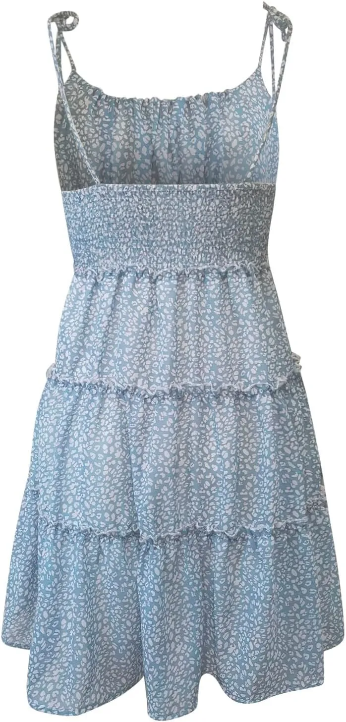 Short Sundresses for Women 2025 Backless Spaghetti Strap Ditsy Floral Dress Summer Tropical Beach Tiered Mini Dress