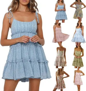Short Sundresses for Women 2025 Backless Spaghetti Strap Ditsy Floral Dress Summer Tropical Beach Tiered Mini Dress