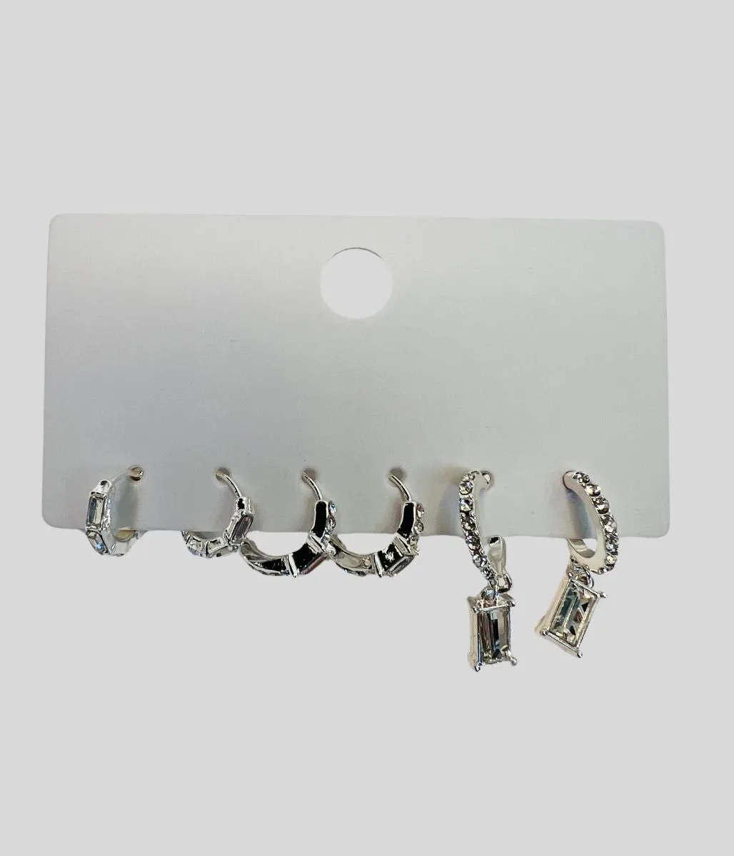 Silver Diamante 3 Pairs Hoop Earrings Set