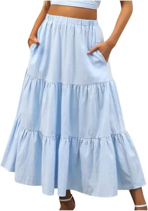 Skirts for Women 2024 Plus Size Elastic Waist Pleated Tiered Ruffle Swing Skirts Summer Causal Solid Maxi Skirts