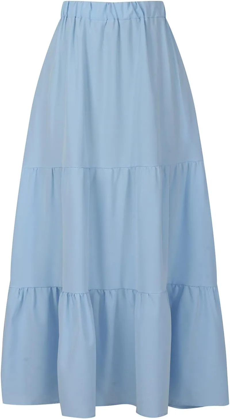 Skirts for Women 2024 Plus Size Elastic Waist Pleated Tiered Ruffle Swing Skirts Summer Causal Solid Maxi Skirts