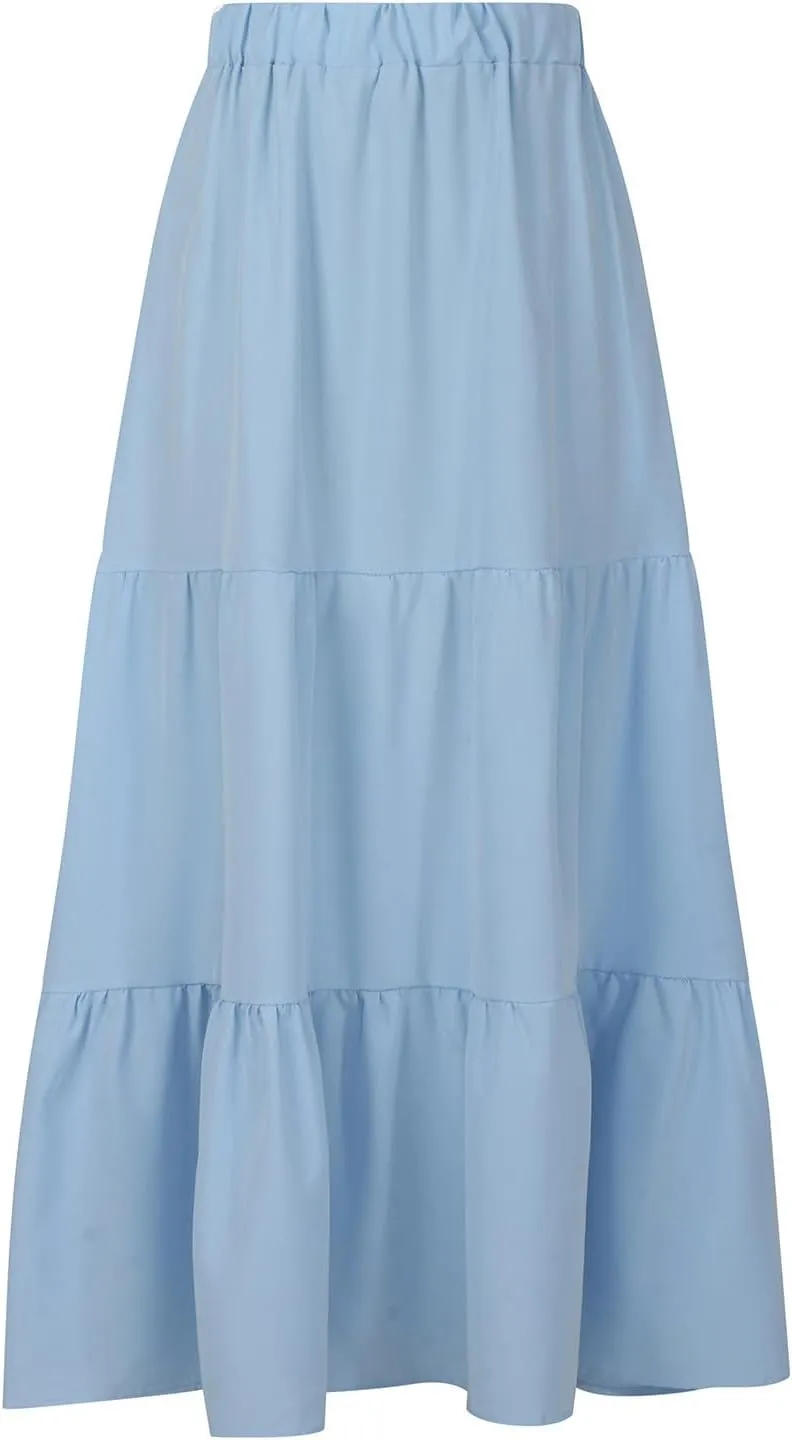 Skirts for Women 2024 Plus Size Elastic Waist Pleated Tiered Ruffle Swing Skirts Summer Causal Solid Maxi Skirts