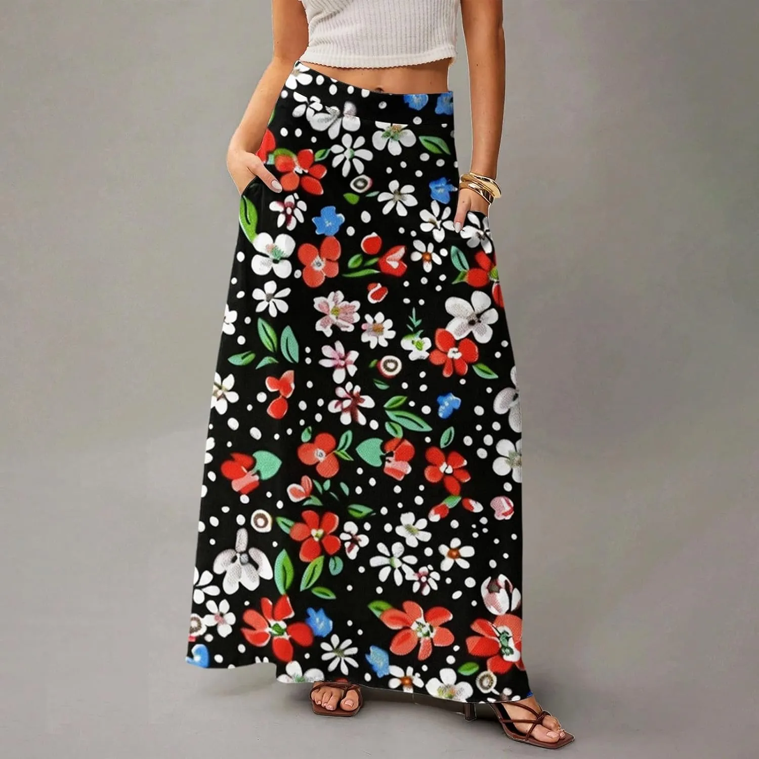 Skirts for Women Midi Length Summer High Waisted Pleated A-Line Swing Floral Long with Pockets