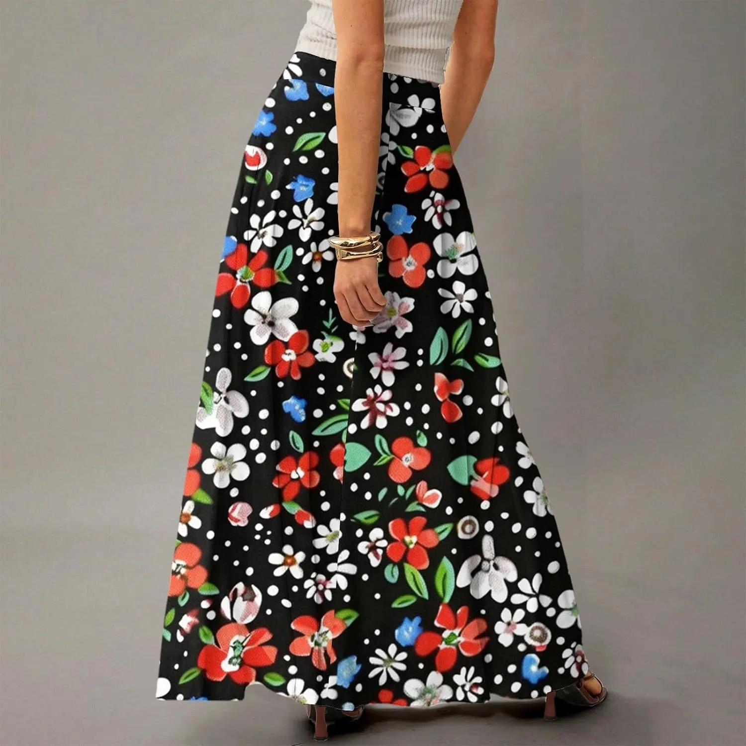 Skirts for Women Midi Length Summer High Waisted Pleated A-Line Swing Floral Long with Pockets