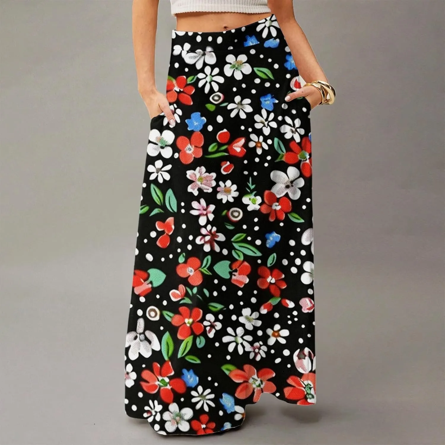 Skirts for Women Midi Length Summer High Waisted Pleated A-Line Swing Floral Long with Pockets