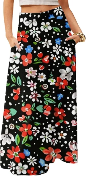 Skirts for Women Midi Length Summer High Waisted Pleated A-Line Swing Floral Long with Pockets