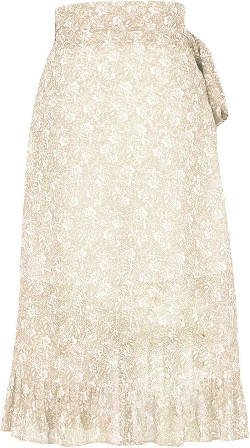 Skirts for Women Trendy Summer Bohemian Floral Print Bow-Knot Waist Midi Skirt Elegant A-Line Swing Skirt Ruffle Hem