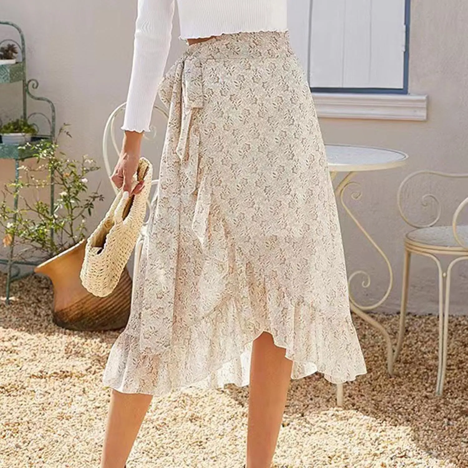 Skirts for Women Trendy Summer Bohemian Floral Print Bow-Knot Waist Midi Skirt Elegant A-Line Swing Skirt Ruffle Hem