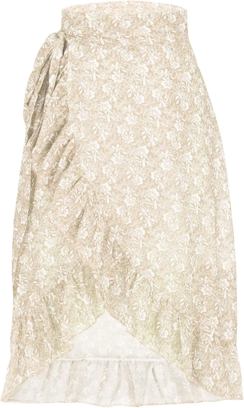Skirts for Women Trendy Summer Bohemian Floral Print Bow-Knot Waist Midi Skirt Elegant A-Line Swing Skirt Ruffle Hem
