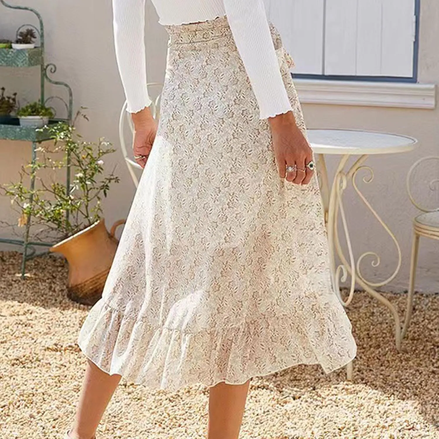 Skirts for Women Trendy Summer Bohemian Floral Print Bow-Knot Waist Midi Skirt Elegant A-Line Swing Skirt Ruffle Hem