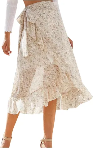 Skirts for Women Trendy Summer Bohemian Floral Print Bow-Knot Waist Midi Skirt Elegant A-Line Swing Skirt Ruffle Hem