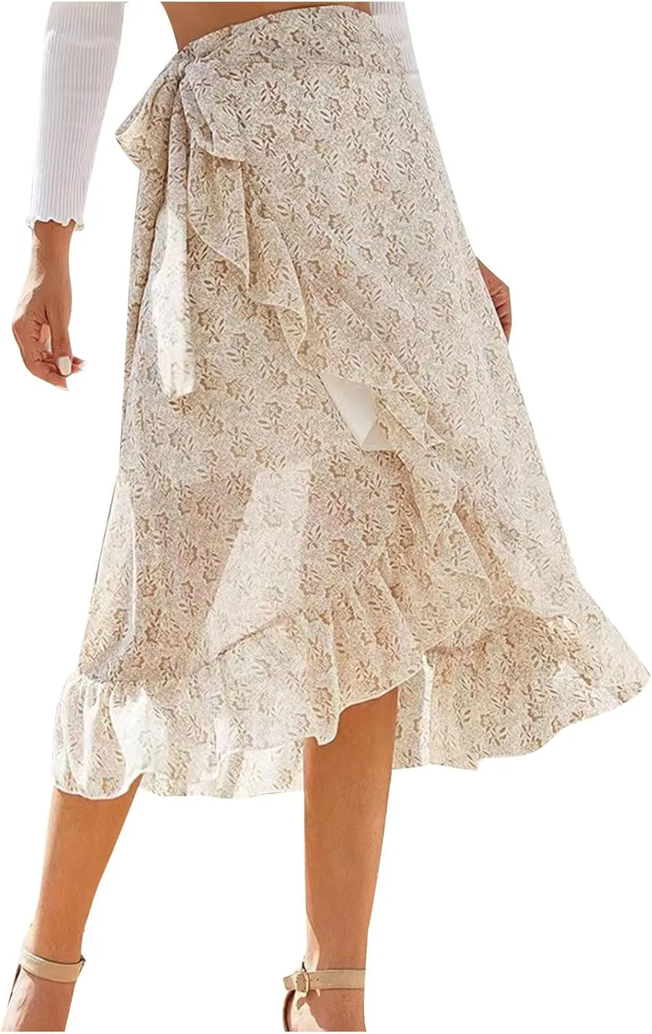 Skirts for Women Trendy Summer Bohemian Floral Print Bow-Knot Waist Midi Skirt Elegant A-Line Swing Skirt Ruffle Hem