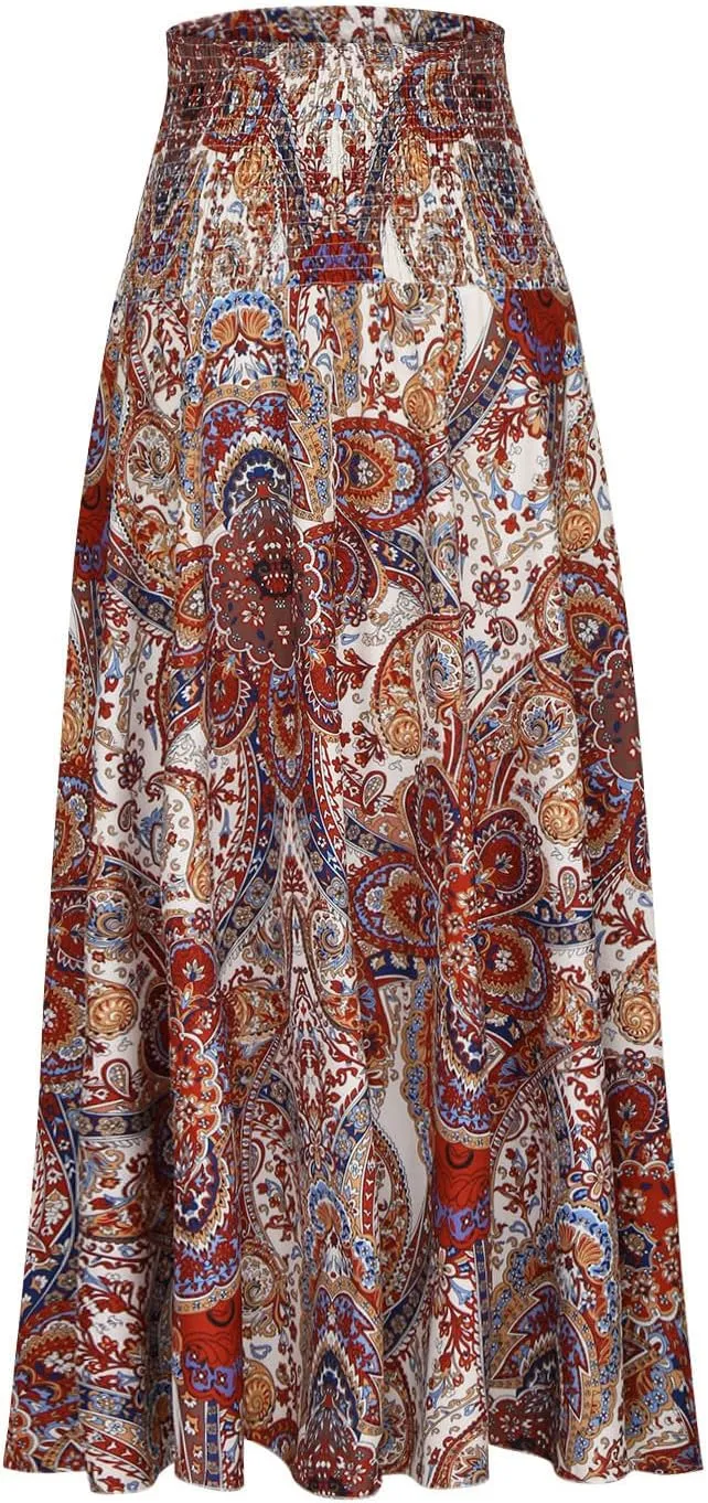 Skirts for Women Trendy Summer Ruffle Smocked High Waist Stretch Bohemian Skirt Fashion Floral Print Boho Maxi Skirts