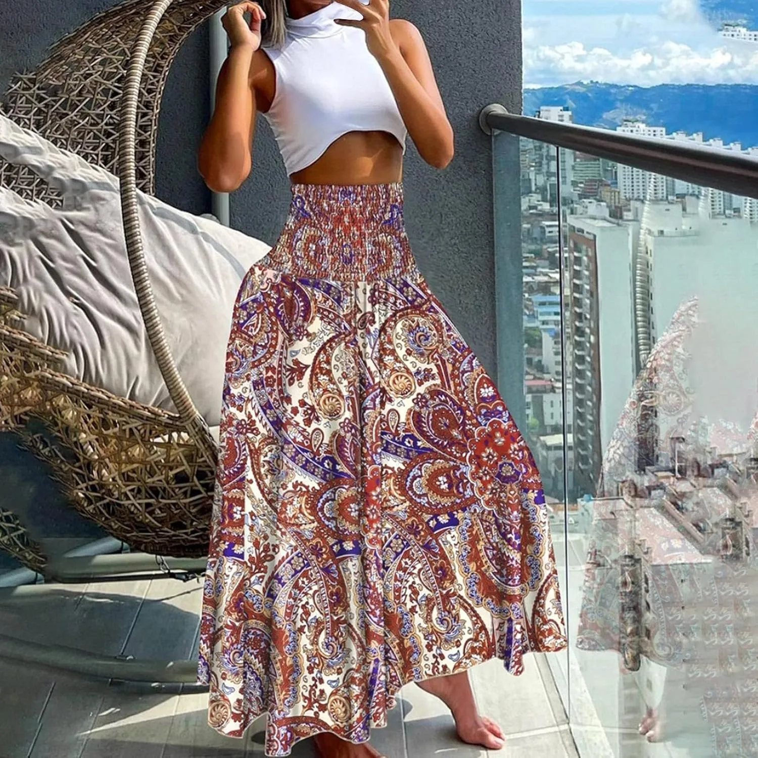 Skirts for Women Trendy Summer Ruffle Smocked High Waist Stretch Bohemian Skirt Fashion Floral Print Boho Maxi Skirts