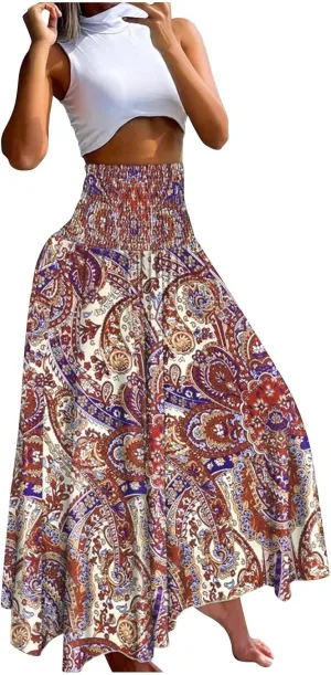 Skirts for Women Trendy Summer Ruffle Smocked High Waist Stretch Bohemian Skirt Fashion Floral Print Boho Maxi Skirts