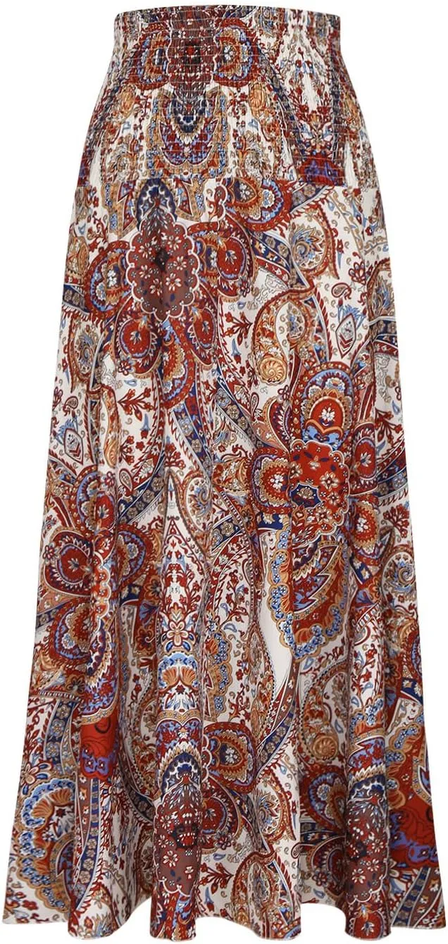 Skirts for Women Trendy Summer Ruffle Smocked High Waist Stretch Bohemian Skirt Fashion Floral Print Boho Maxi Skirts